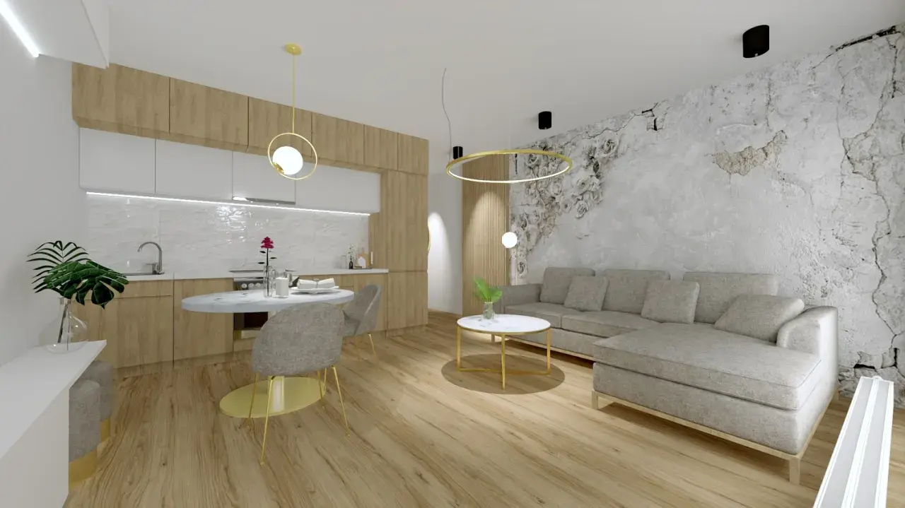 Nowoczesny salon z aneksem kuchennym, szara kanapa, drewniane meble, ozdobna ściana.