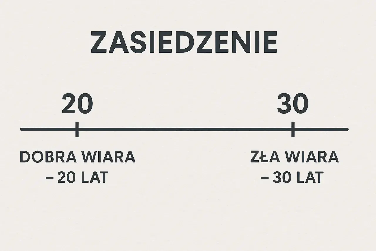Zasiedzenie: dobra wiara – 20 lat, zła wiara – 30 lat. Skala pokazuje, ile lat potrzeba do zasiedzenia w zależności od dobrej lub złej wiary.