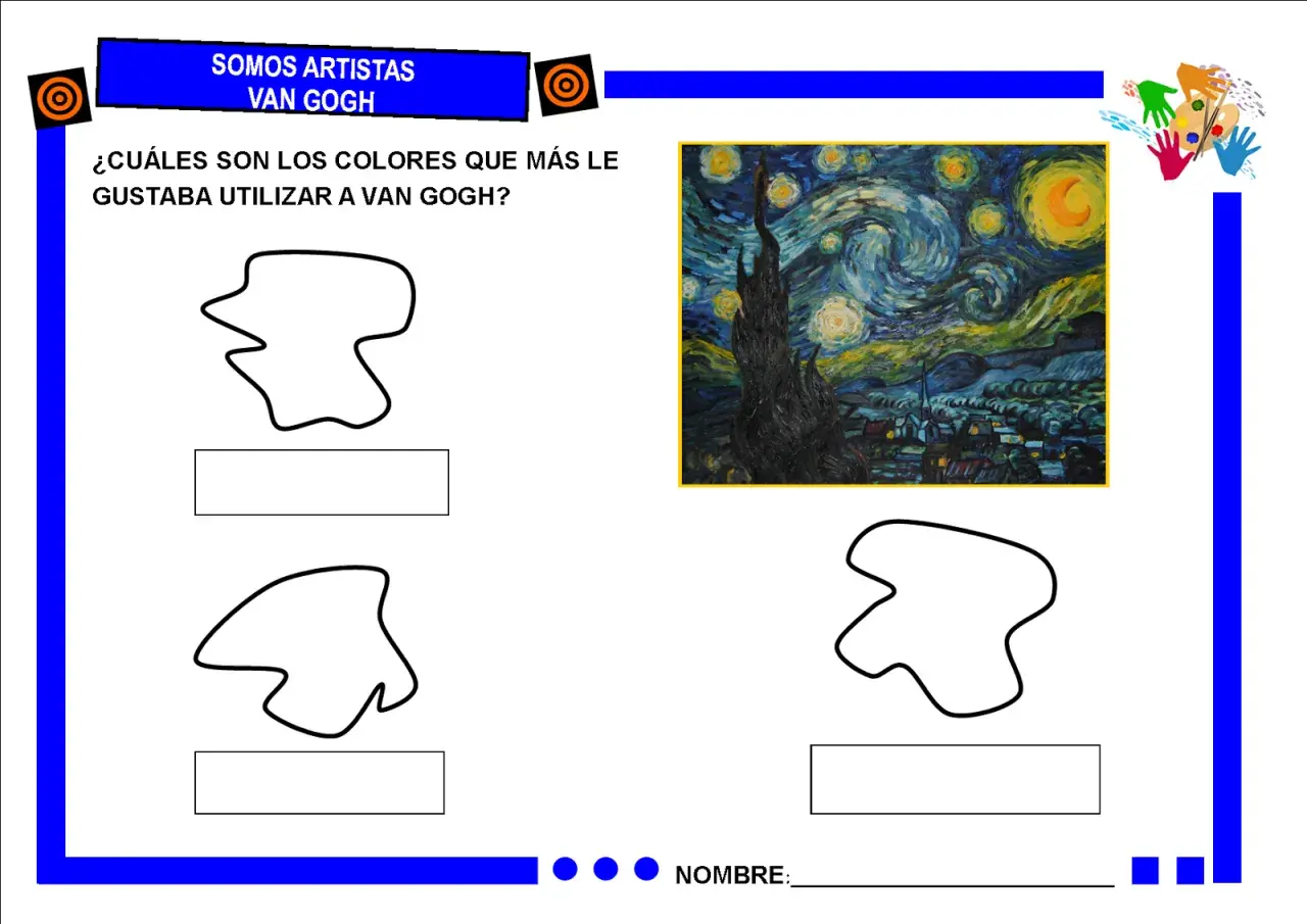 Actividades de Van Gogh para niños. Explora los colores favoritos del artista con esta hoja de trabajo.