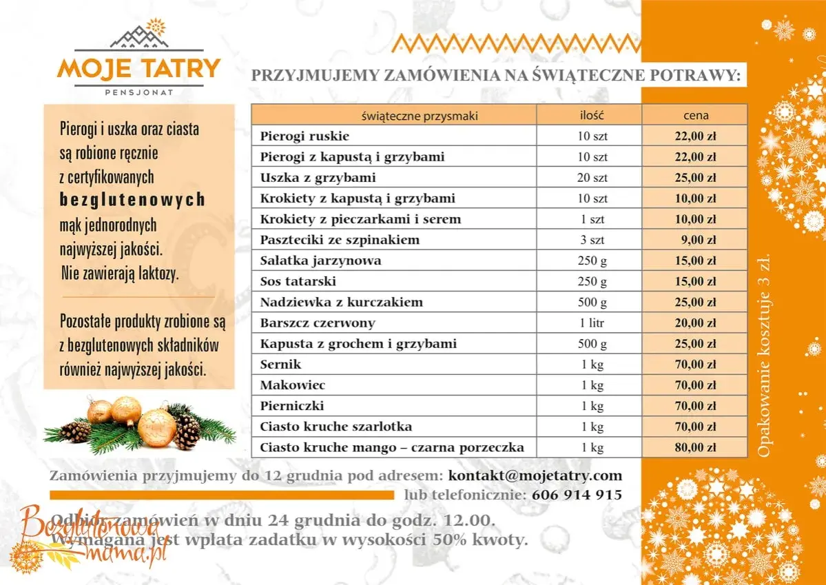 Menu wigilijne catering od Moje Tatry: pierogi, uszka, ciasta i inne świąteczne przysmaki. Zamówienia do 12 grudnia.