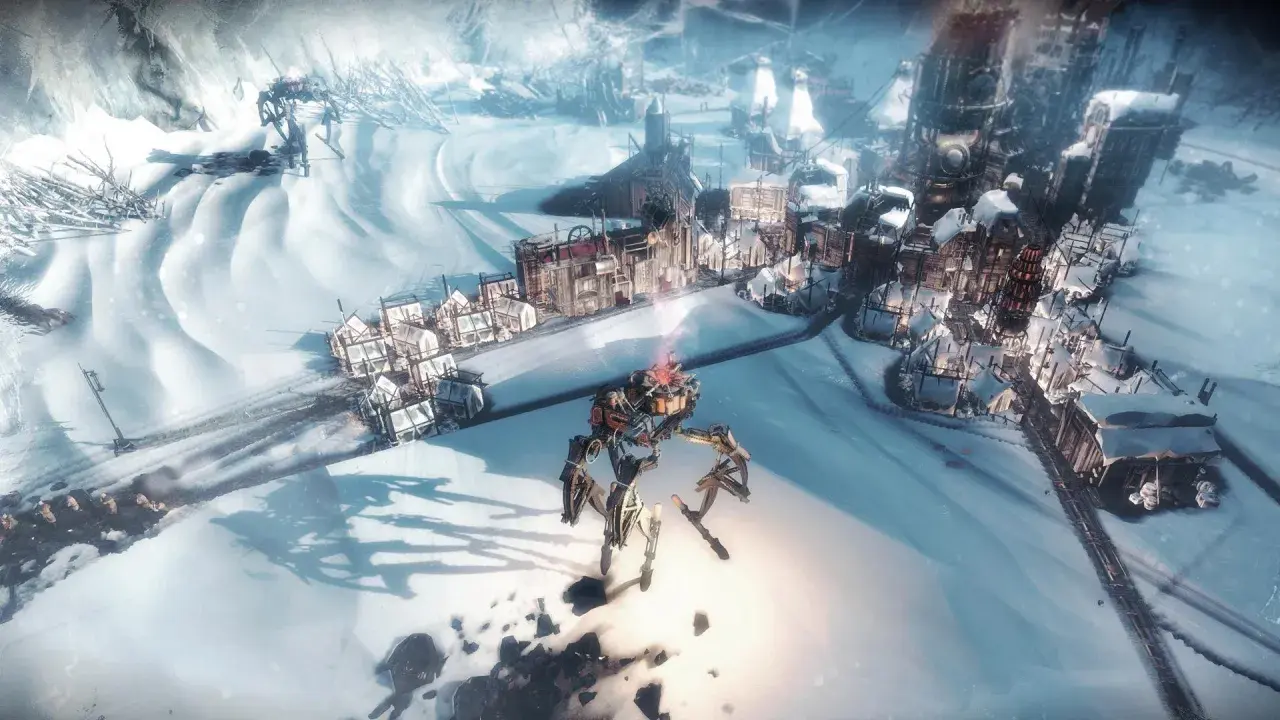 Mechaniczna maszyna przemierza mroźne pustkowie, zbliżając się do osady. Frostpunk - poradnik.