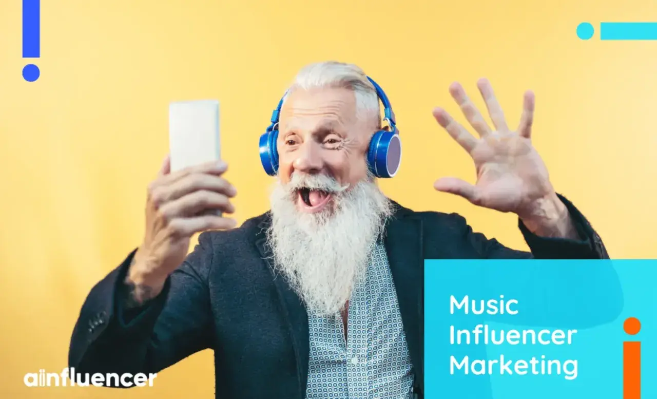 An excited older man with a long white beard wears headphones and holds a phone, ready to share his thoughts on music influencer marketing.