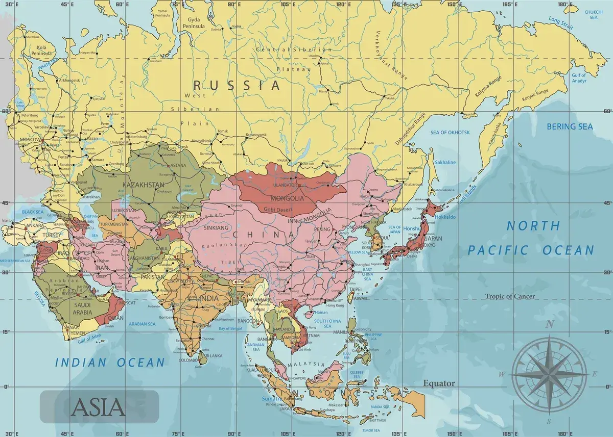 Mapa Azji z zaznaczonymi stolicami, takimi jak Pekin, Tokio, Seul, Ułan Bator, Astana.