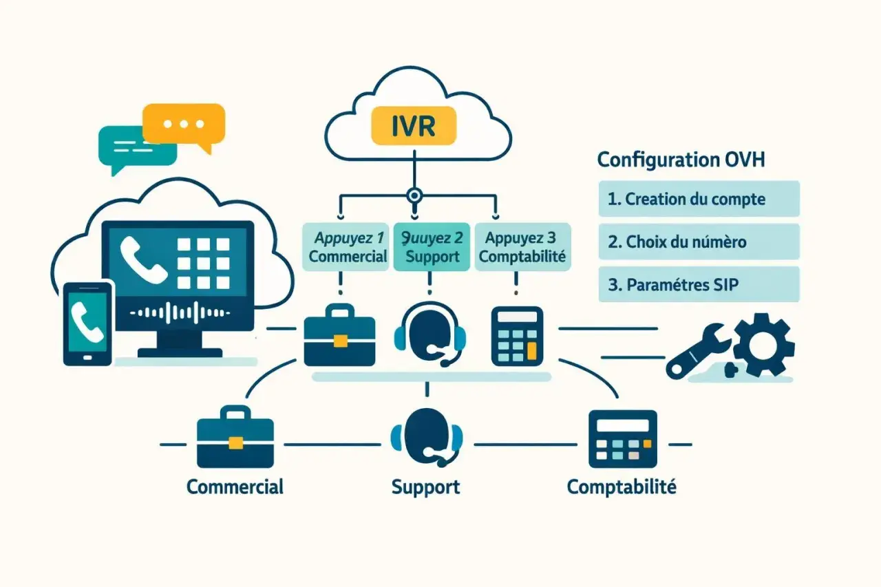 Schéma d'un système IVR OVH avec configuration SIP, gestion des appels commerciaux, support et comptabilité.
