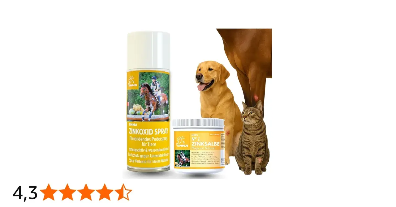 Zinkoxid spray och salva för djur. En hund, en katt och en häst syns bredvid produkterna. Zinkoxid är inte farligt för djur.