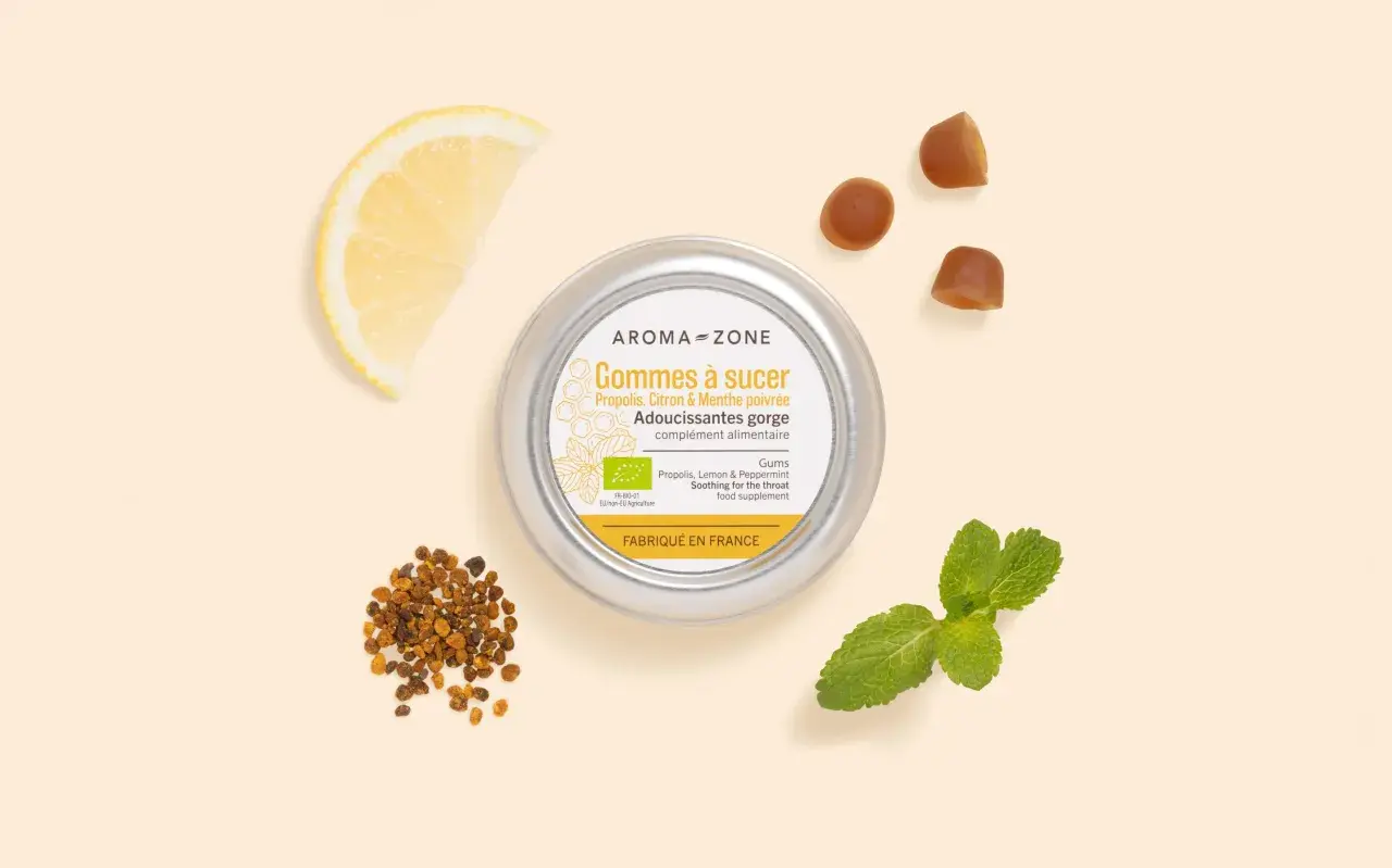 Gommes à sucer Aroma-Zone : un remède miracle contre l'extinction de voix. Propolis, citron et menthe pour adoucir la gorge.
