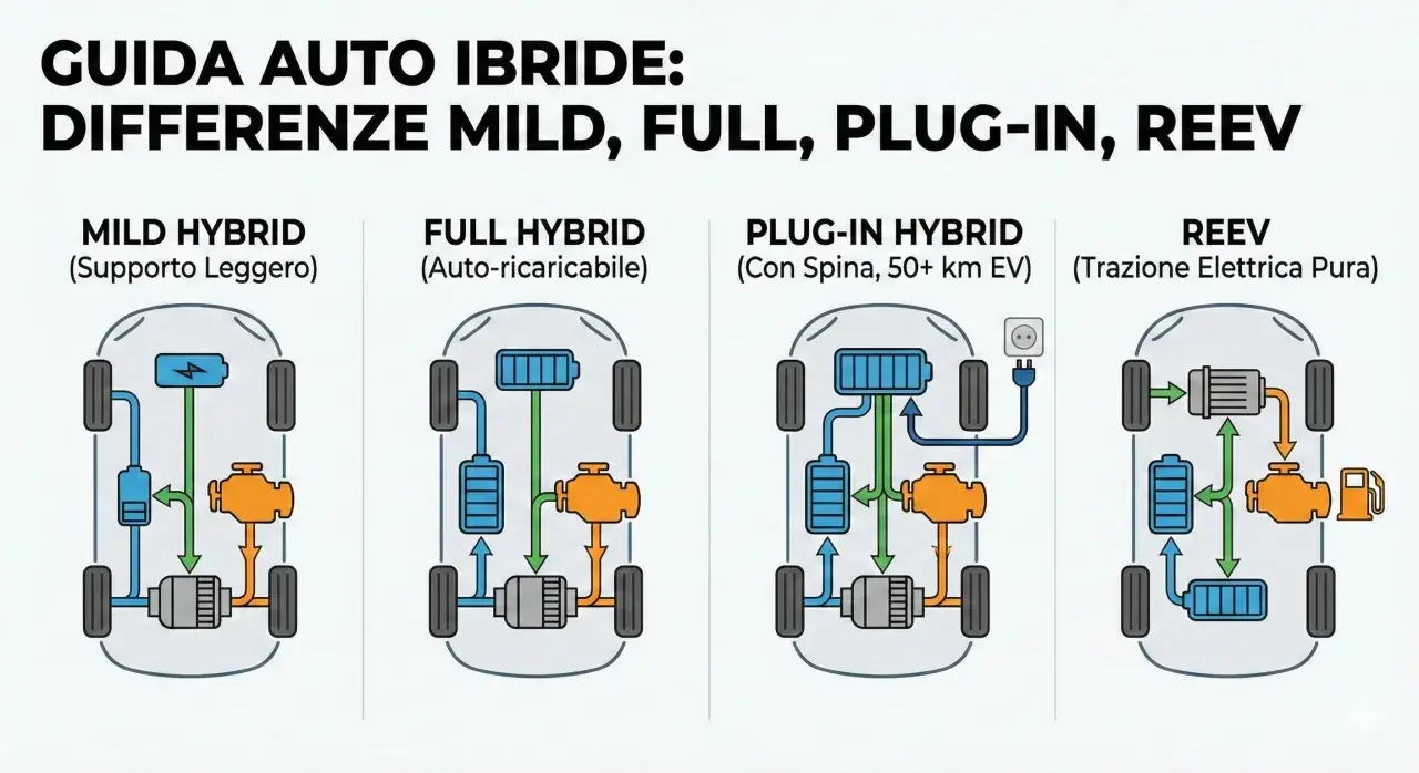 Schema che illustra le differenze tra auto ibride: Mild, Full Hybrid (auto-ricaricabile), Plug-in Hybrid e REEV.