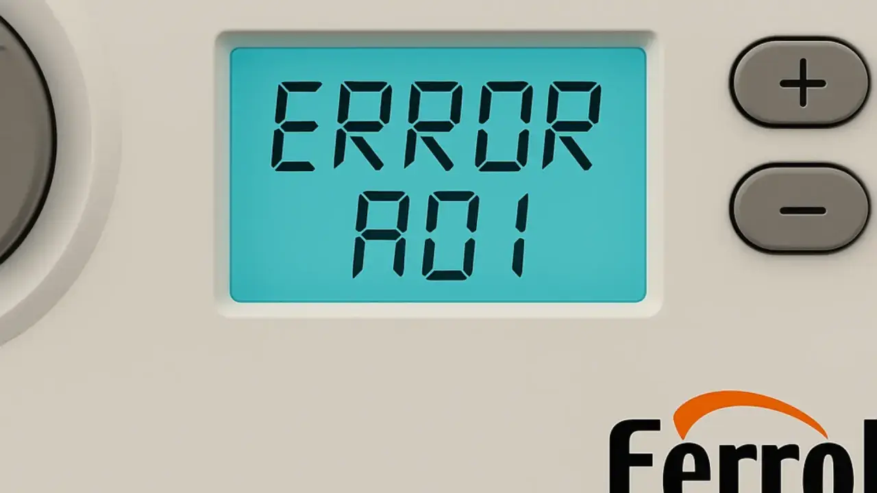 Pantalla de caldera Ferroli con error A01, indicando un problema de presión de agua.