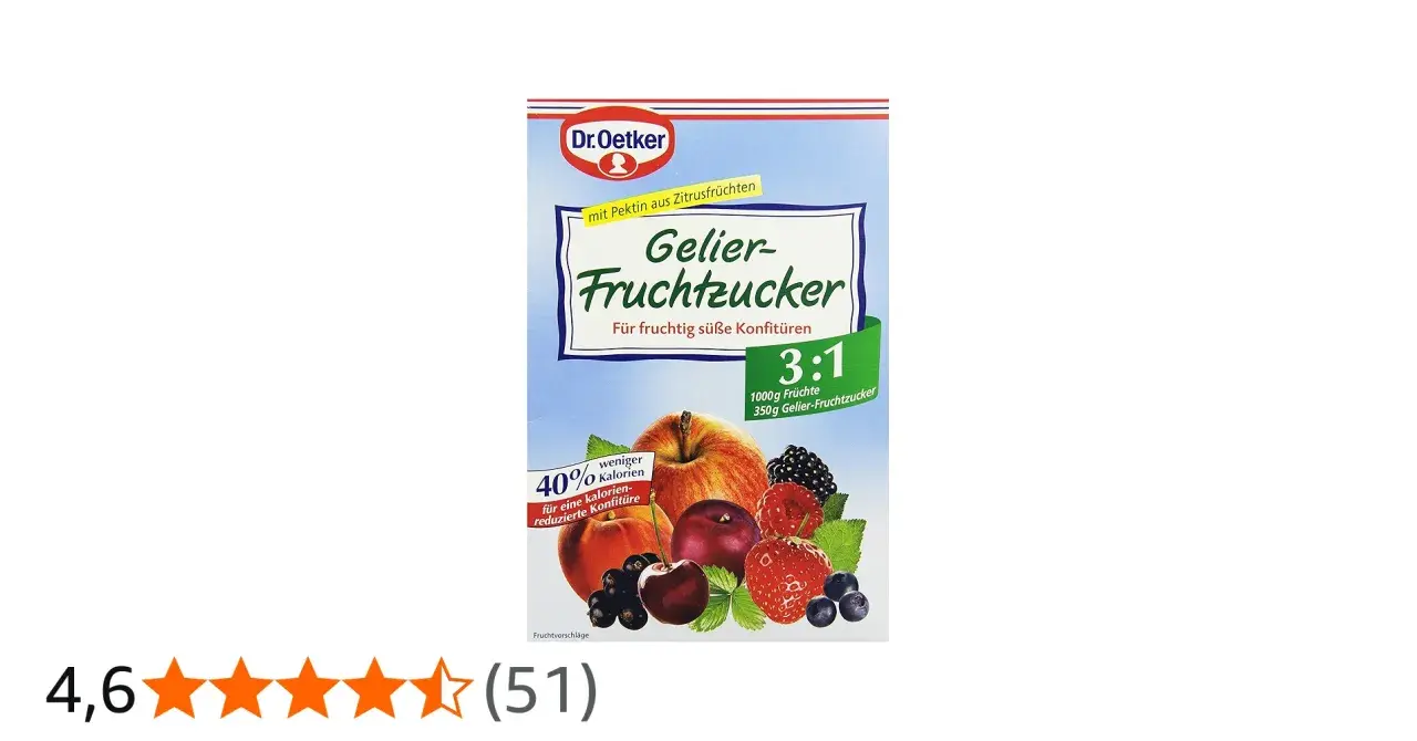 Dr. Oetker Gelier-Fruchtzucker mit 3:1 Verhältnis für kalorienreduzierte Konfitüre. Der Unterschied zu normalem Gelierzucker liegt im geringeren Kaloriengehalt.