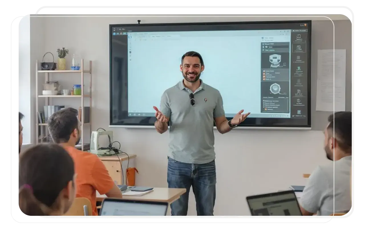 Profesor de tecnología explicando en clase, preparándose para las oposiciones.