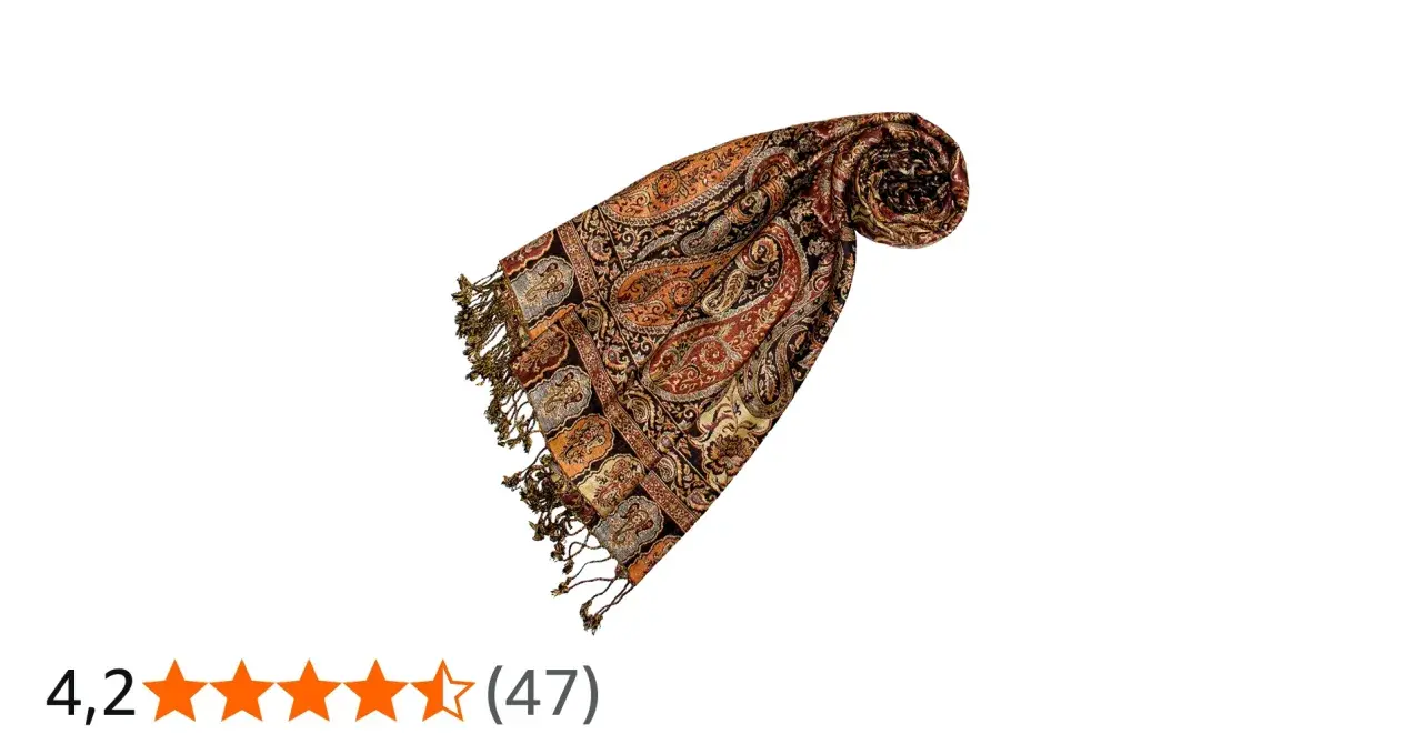 Elegancka pashmina z wzorem paisley w odcieniach brązu i pomarańczy, z frędzlami. Idealna na chłodniejsze dni.