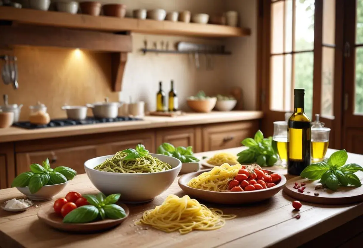 En härlig dukning med pasta pesto, färska tomater och basilika. En flaska olivolja och glas med vin till pastan.