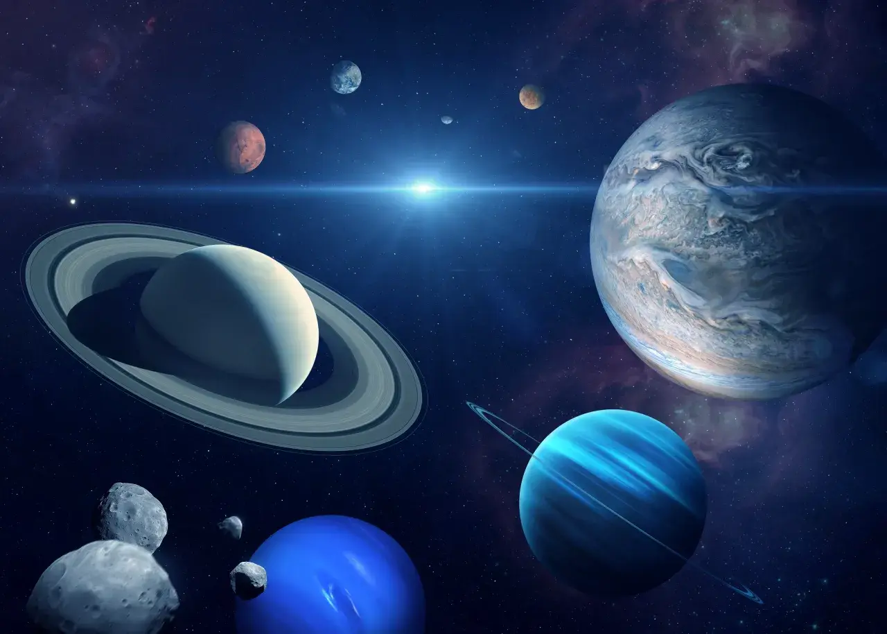 Mars w wodniku, wśród planet i asteroid, na tle gwiezdnego pyłu.