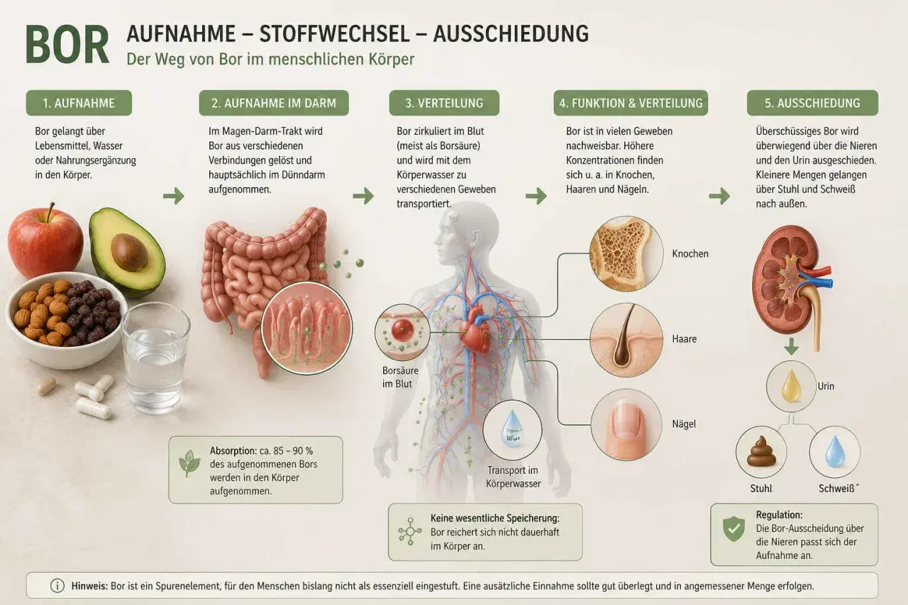 Bor wird über Nahrung aufgenommen, im Darm verarbeitet und im Körper verteilt. Die Bor-Wirkung zeigt sich in Knochen, Haaren und Nägeln, bevor es ausgeschieden wird.