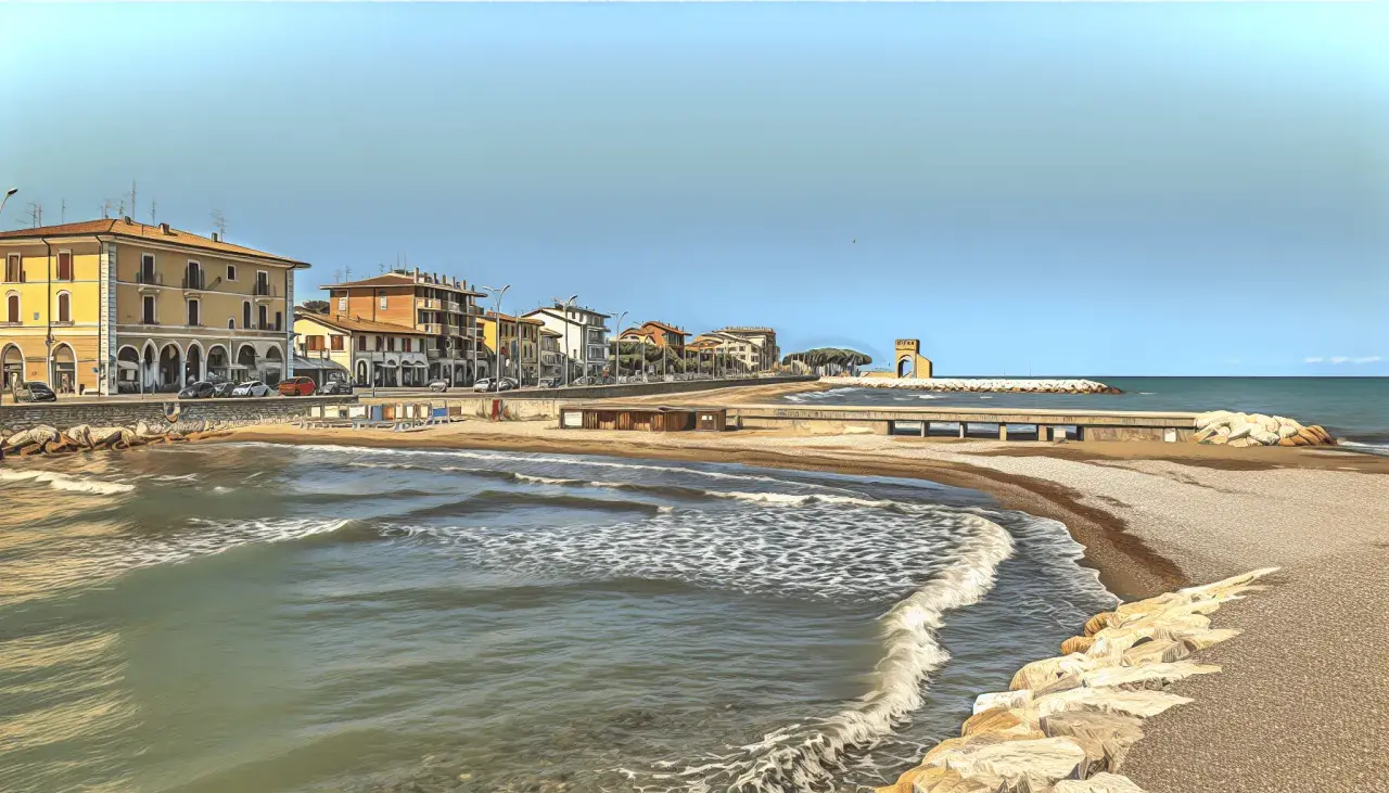 Spokojne morze i plaża w Rimini, z budynkami w tle. Czy Rimini jest bezpieczne? Wygląda na spokojne i przyjazne.