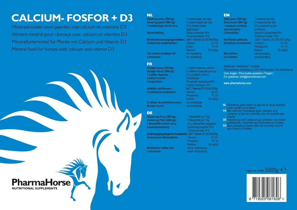 Aliment minéral pour chevaux, riche en calcium et phosphore, avec vitamine D3. Aide à la santé osseuse des équidés.