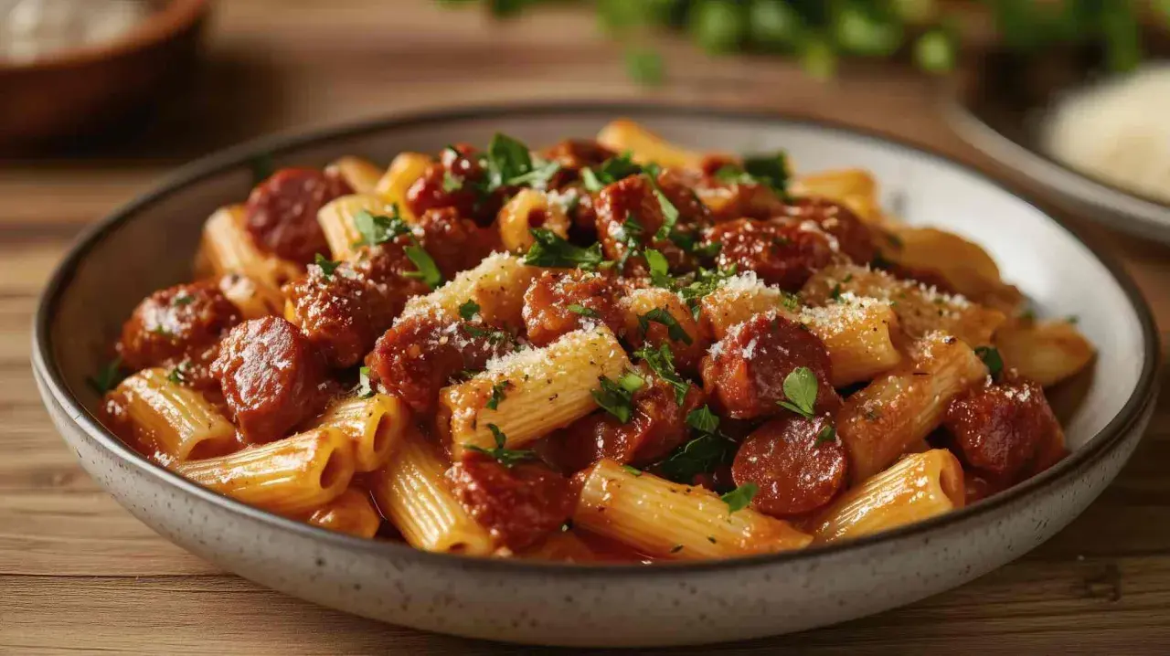 Un plato humeante de macarrones con chorizo, cubierto con perejil fresco y queso rallado, listo para ser disfrutado.