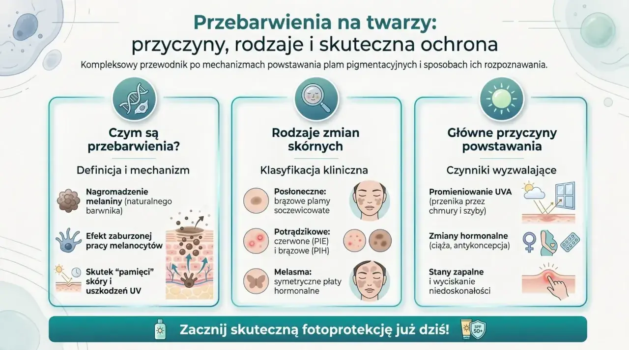 Przewodnik po przebarwieniach na twarzy: przyczyny, rodzaje zmian skórnych (posłoneczne, potrądzikowe, melasma) i skuteczne metody ochrony.