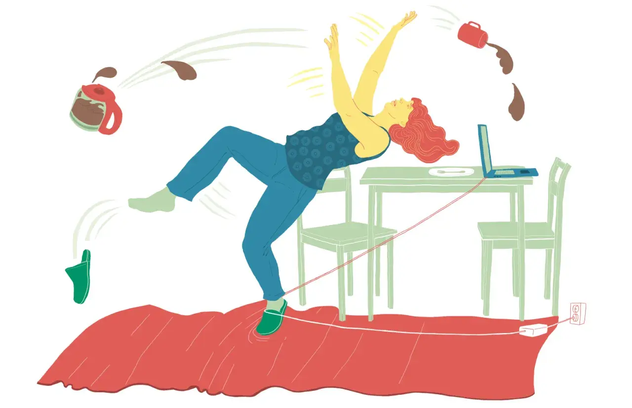 Kvinna snubblar över sladd, kaffekoppar flyger. En illustration av en skada på jobbet orsakad av en olycka hemma.