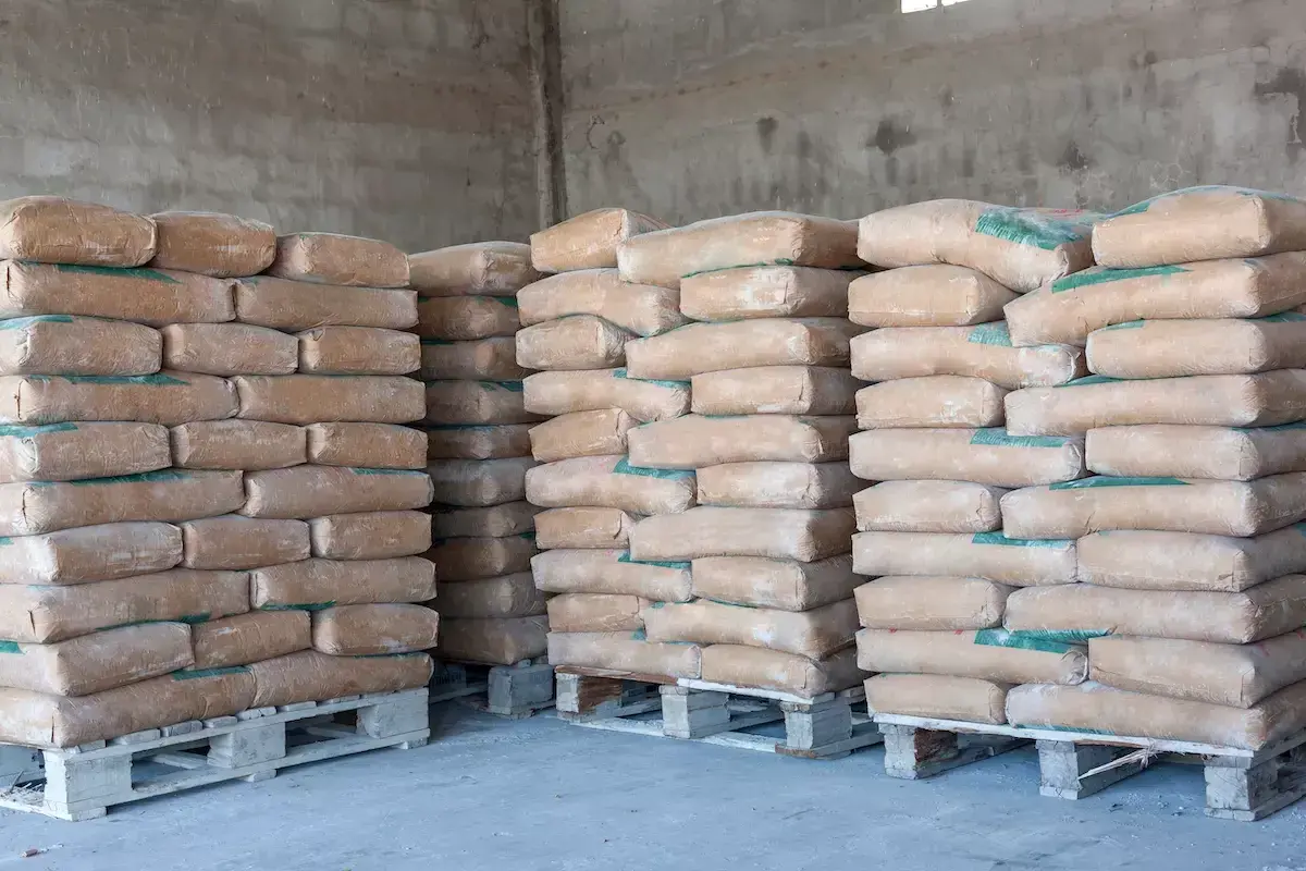 Silos z workami cementu, idealne miejsce, by znaleźć, gdzie najtańszy cement na budowę.