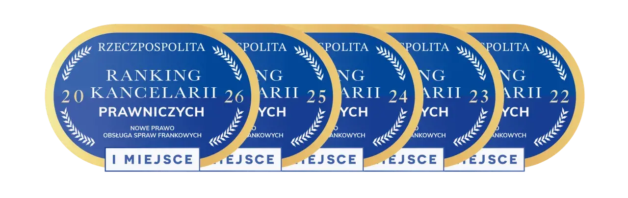 Grafika przedstawia pięć owalnych plakietek z napisem "Ranking Kancelarii Prawniczych" i numerami od 20 do 26.