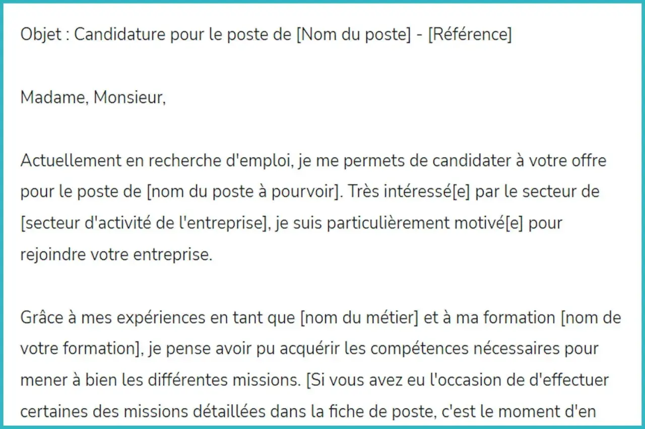 Modèle de lettre pour signaler un problème : une candidature spontanée pour un poste. Le texte est un exemple de lettre de motivation.