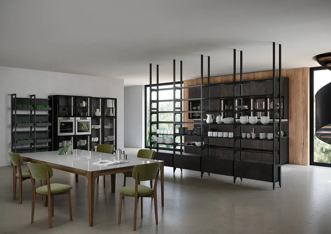 Un tavolo di vetro moderno con sedie verdi, circondato da scaffalature eleganti, perfetto per chi cerca idee su come abbellire un tavolo di vetro.