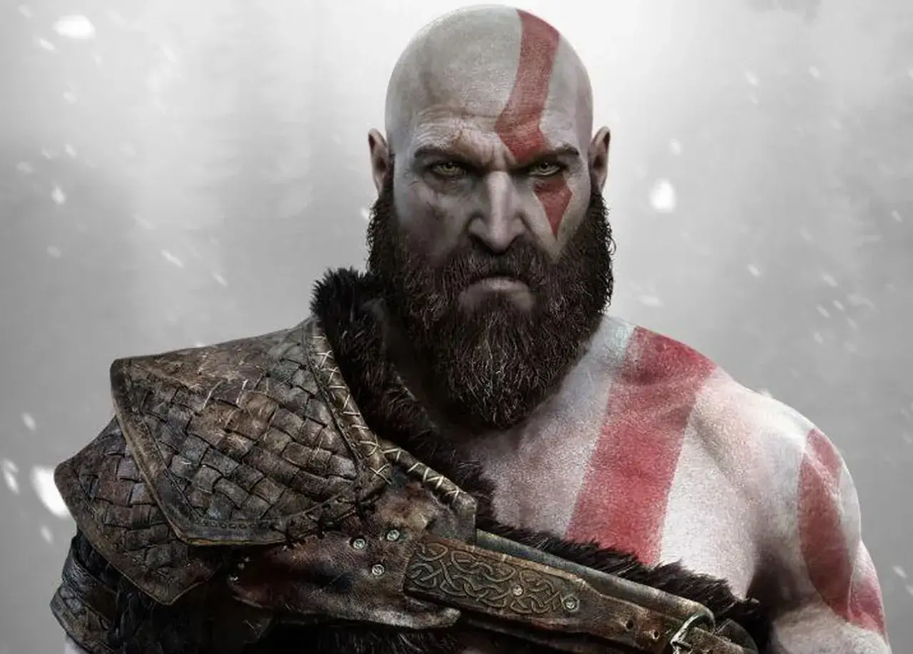 Kratos, bóg wojny z greckiej mitologii, z groźnym spojrzeniem i charakterystycznym czerwonym znakiem na twarzy.