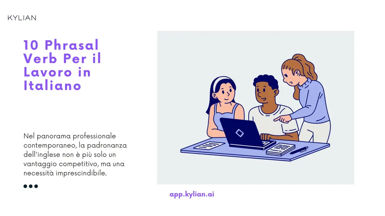 Imparare verbi e preposizioni in inglese per il lavoro. Tre persone collaborano al computer, una indica lo schermo.