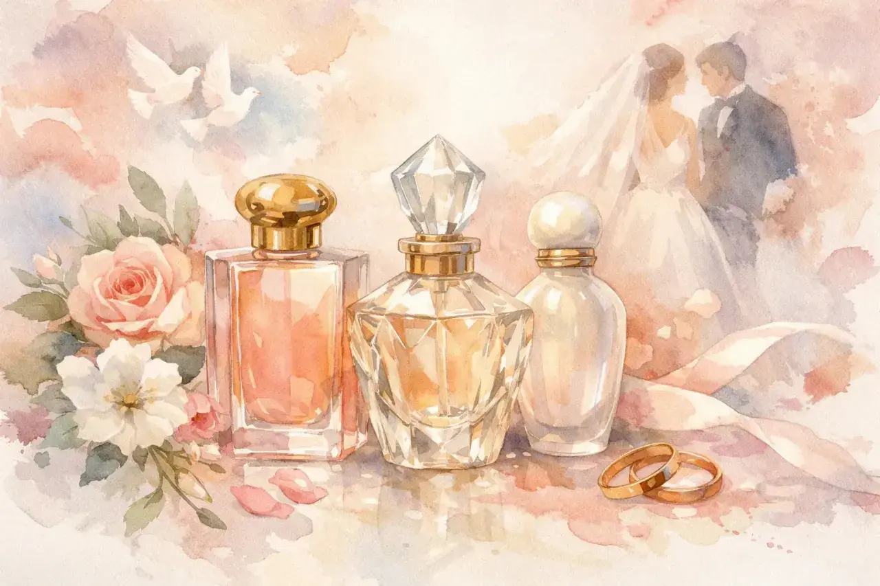 Wodne kolory: bukiet róż, gołąbki, para młoda i flakoniki perfum, w tym Tom Ford Santal Blush, symbolizujące miłość i elegancję.