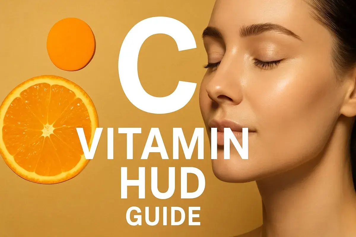 En närbild på en kvinna med slutna ögon bredvid en apelsin och texten "C VITAMIN HUD GUIDE".