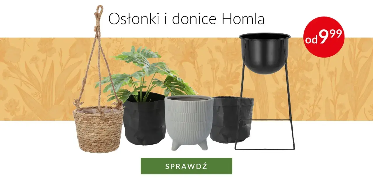 Różnorodne osłonki na doniczki: pleciona wisząca, czarna papierowa, szara ceramiczna na nóżkach i czarna metalowa na stojaku.