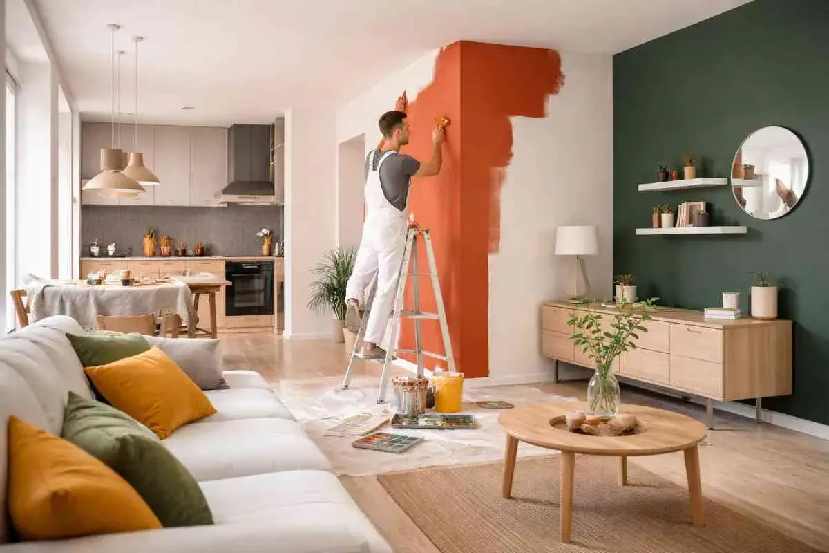 Uomo su scala che inizia a pitturare le pareti di casa con un vivace color arancio.