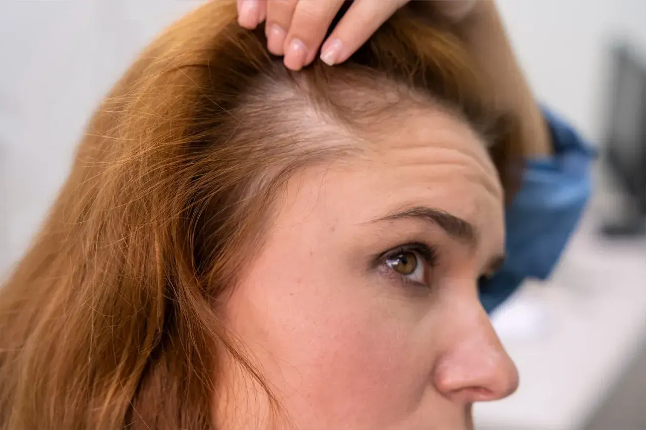 Mujer revisando su cabello, mostrando signos de efluvio telógeno recuperación.