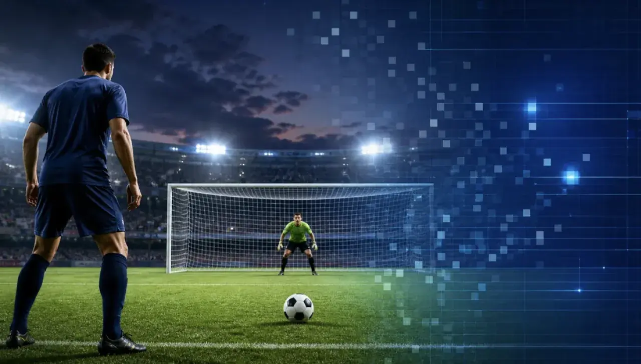 Futbolista ante un penalti que se transforma en una escena digital