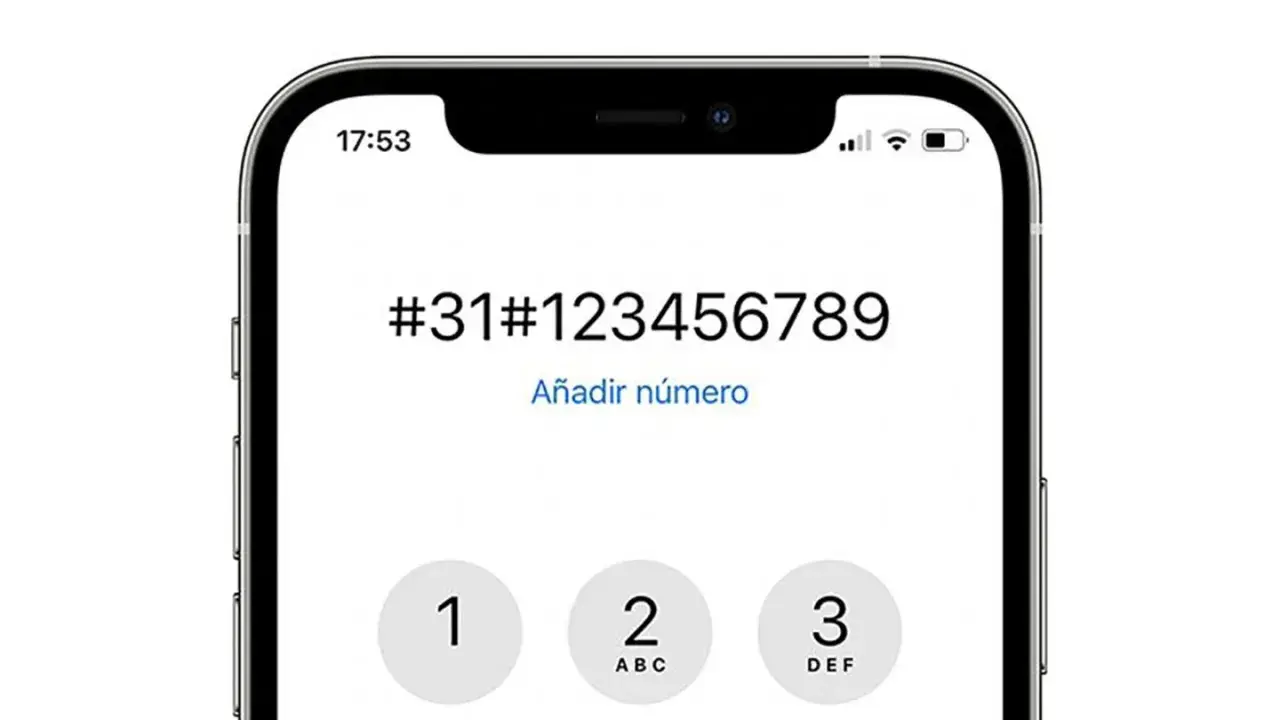 Pantalla de iPhone mostrando cómo llamar con número oculto. El código #31# precede al número de teléfono.