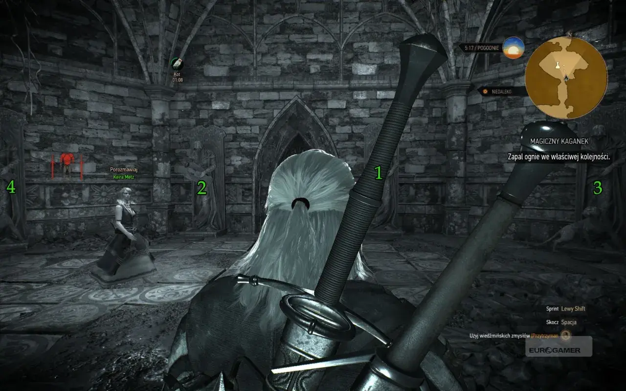 Geralt stoi przed magicznym kaganekiem w Wiedźmin 3, gotów rozpalić ognie we właściwej kolejności.