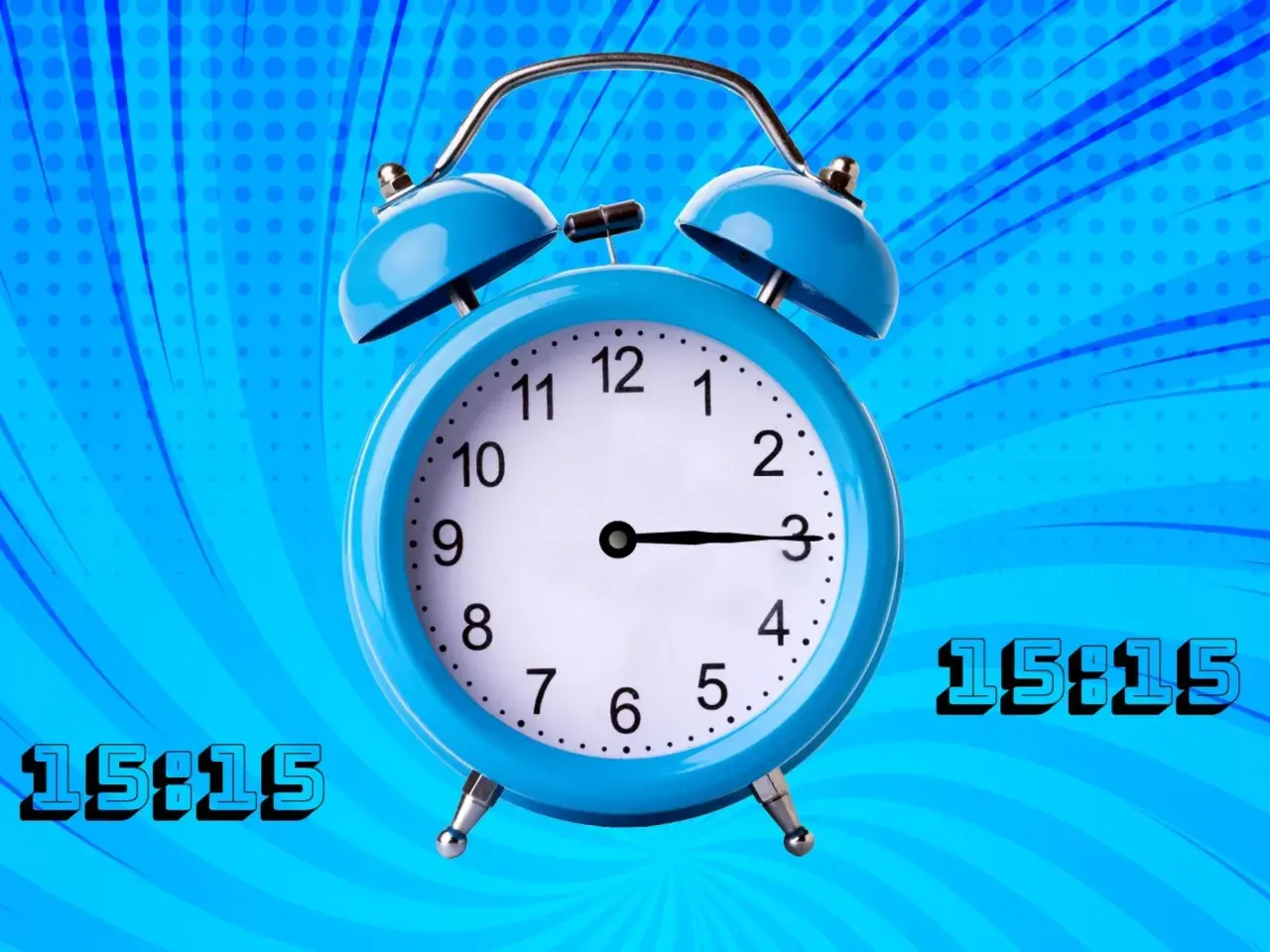 Reloj despertador azul muestra las 15:15. El número 1515 significado espiritual es un llamado a la acción y a la transformación.