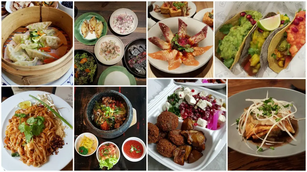 Kolorowe dania, idealne na menu na chrzciny: pierożki, tacos, sałatki, pad thai, ryby i falafel.