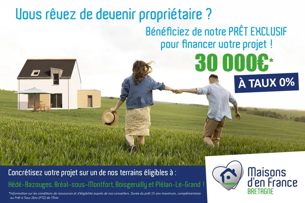 Un couple se promène dans un champ verdoyant vers une maison moderne. Ils rêvent de devenir propriétaires grâce à un prêt familial exclusif de 30 000€ à taux 0%.