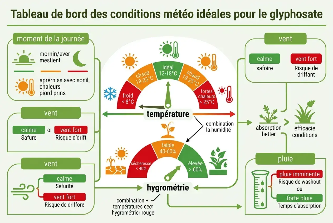 Tableau météo pour savoir quand mettre du désherbant glyphosate : idéalement par temps calme, chaud mais pas trop, et sec. Éviter le vent fort et la pluie.