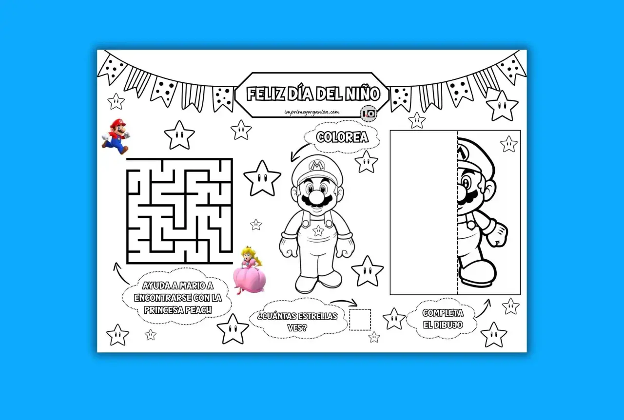 Imprimibles pasatiempos infantiles: laberinto para ayudar a Mario, colorear y completar dibujo. ¡Diversión asegurada!