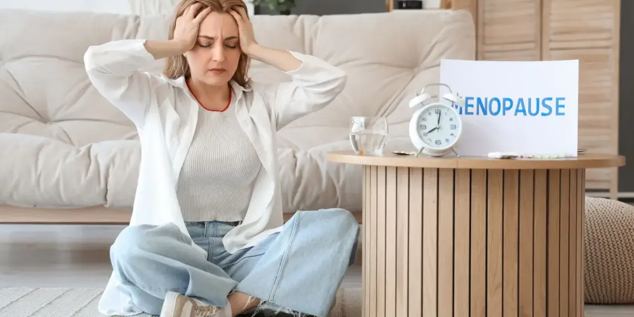 Kobieta z bólem głowy podczas menopauzy, obok tabletki i budzik.