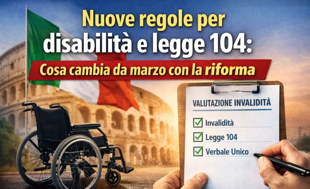 Carrozzina e bandiera italiana davanti al Colosseo. Documento "Valutazione Invalidità" con spunta su "Invalidità", "Legge 104" e "Verbale Unico". Riforma per invalidità 30 per cento.