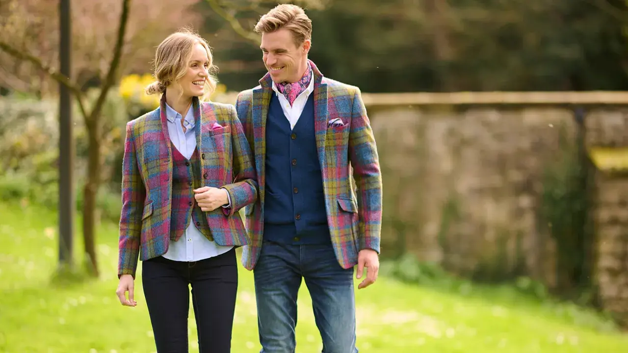 Ein Paar spaziert im Freien, beide tragen farbenfrohe Tweed-Sakkos. Sie zeigen, wie man ein Tweed-Sakko kombinieren kann, mit Westen und Jeans.