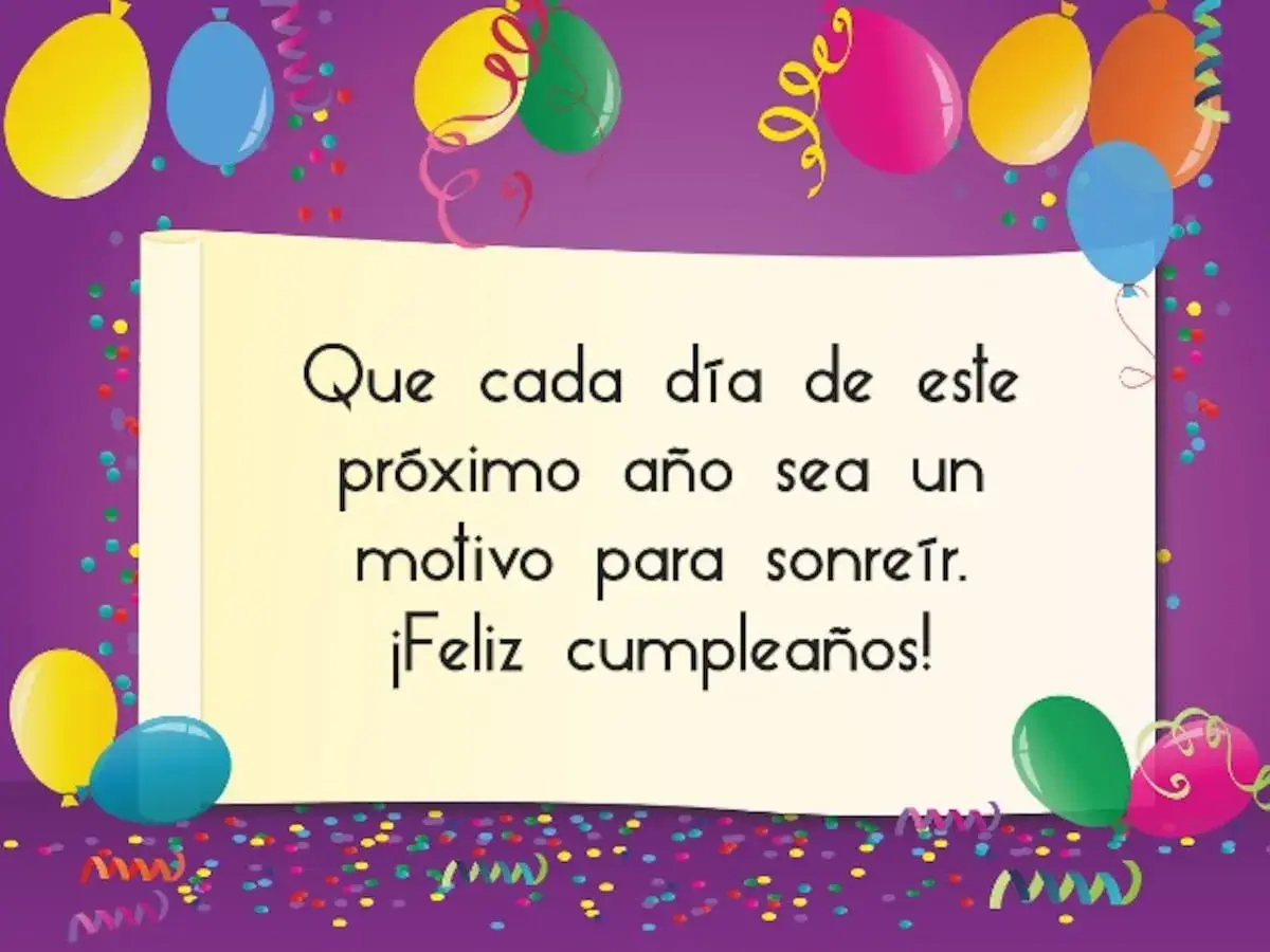 Globos y confeti rodean un mensaje de "Feliz cumpleaños", ideal para frases cortas de enhorabuena por éxito.