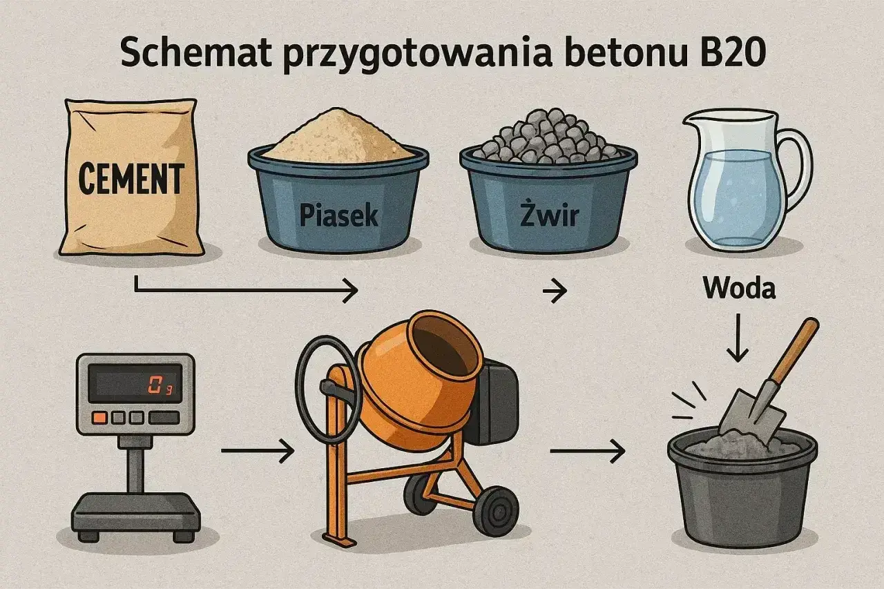 Schemat jak zrobić beton B20: cement, piasek, żwir i woda trafiają do betoniarki, a następnie do wiadra z łopatą.