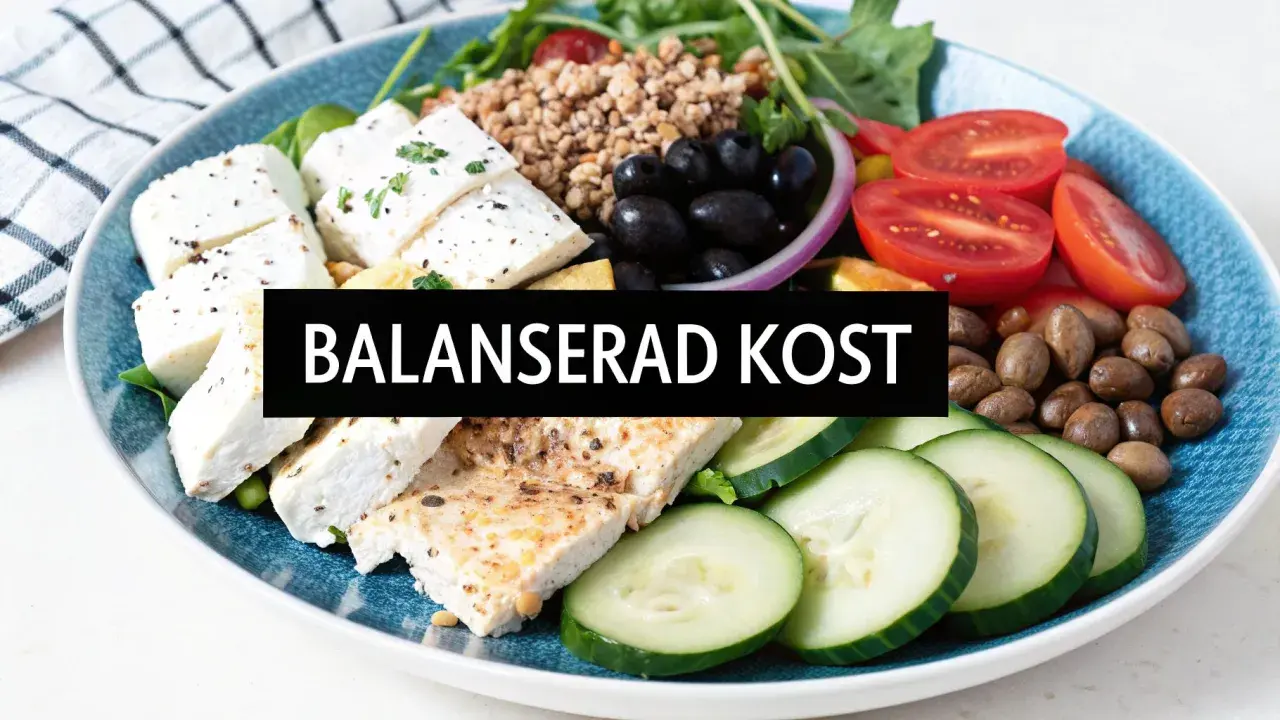 En balanserad kost med fetaost, grönsaker och nötter. Fetaost kalorier kan variera, men denna rätt ser hälsosam ut.