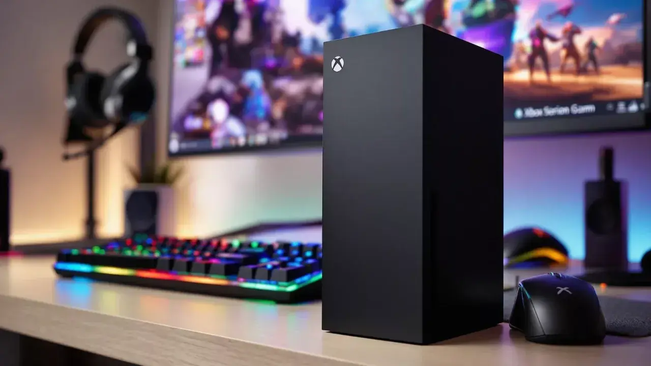 Xbox Series X mit bunter Tastatur und Maus, bereit für Gaming.