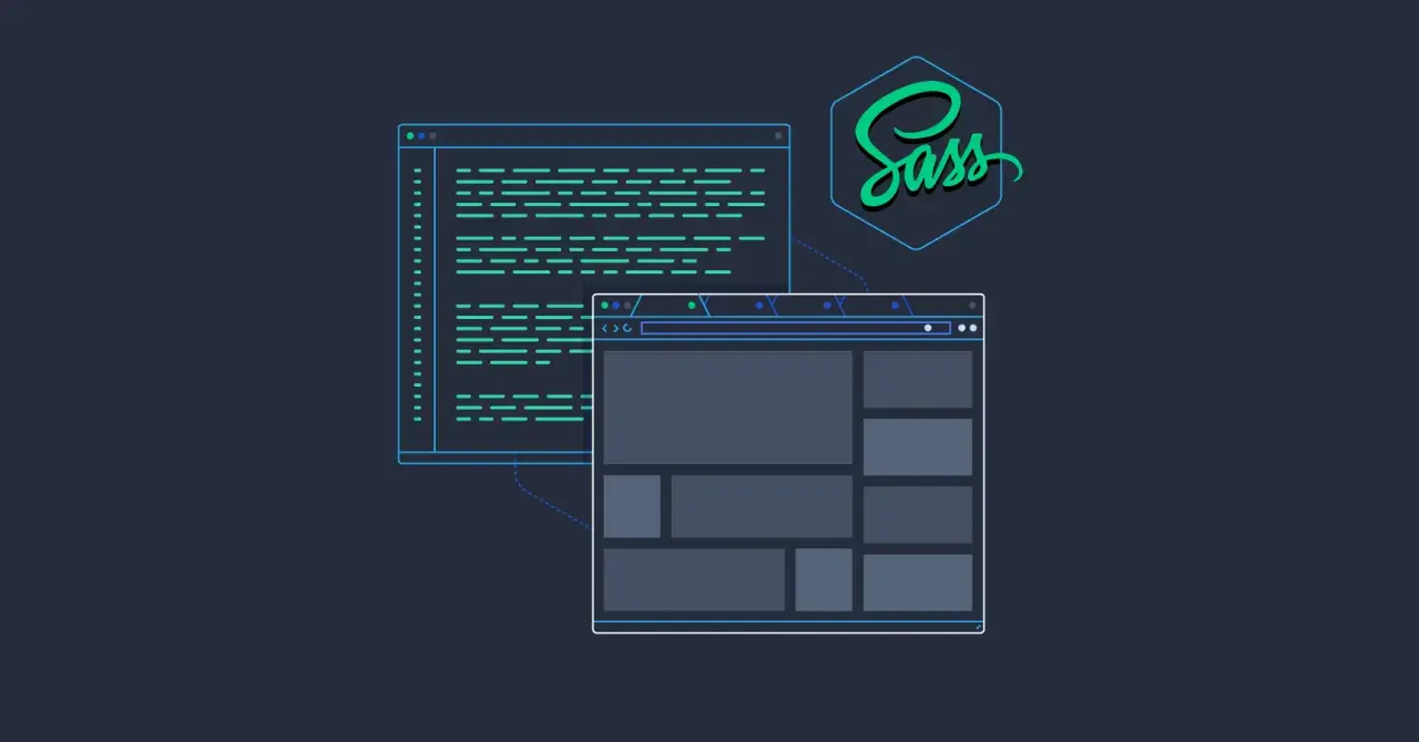 Code et maquette de site web, avec le logo Sass. Développement web avec Angular et Sass.
